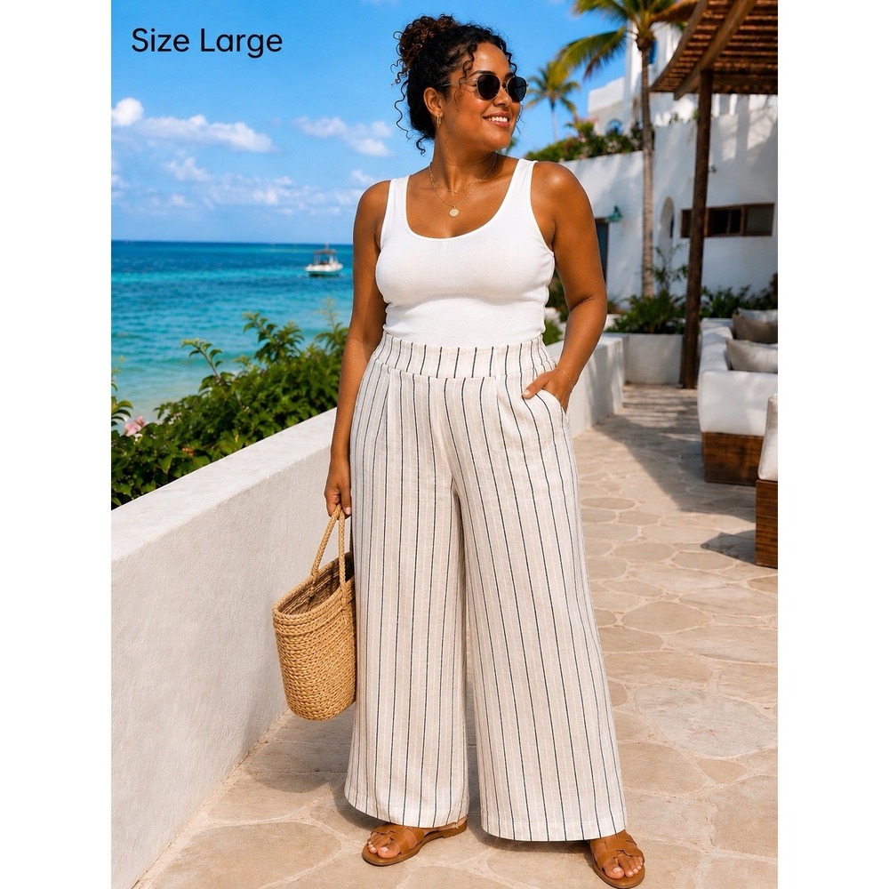 Old Navy Taylor Wide Leg Linen Blend Pants NWT Large Black Stripe High Rise